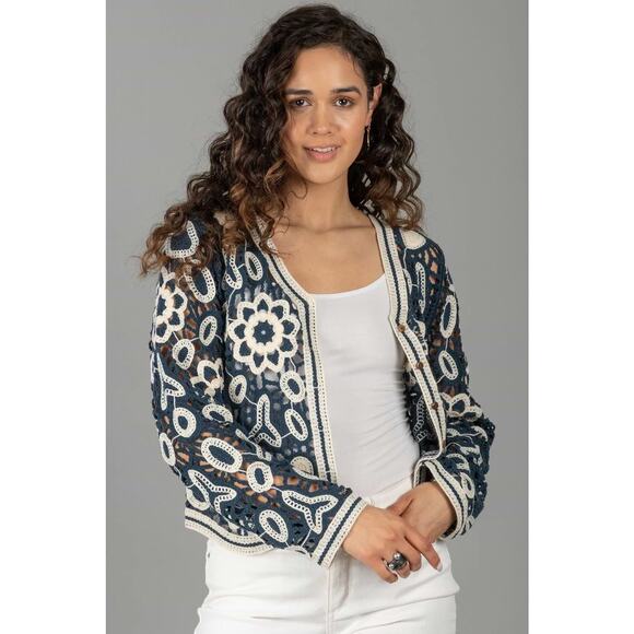 Saachi Womens Medium Floral Lace Crochet Cardigan Eyelet Dainty Grandma Core - Picture 1 of 10